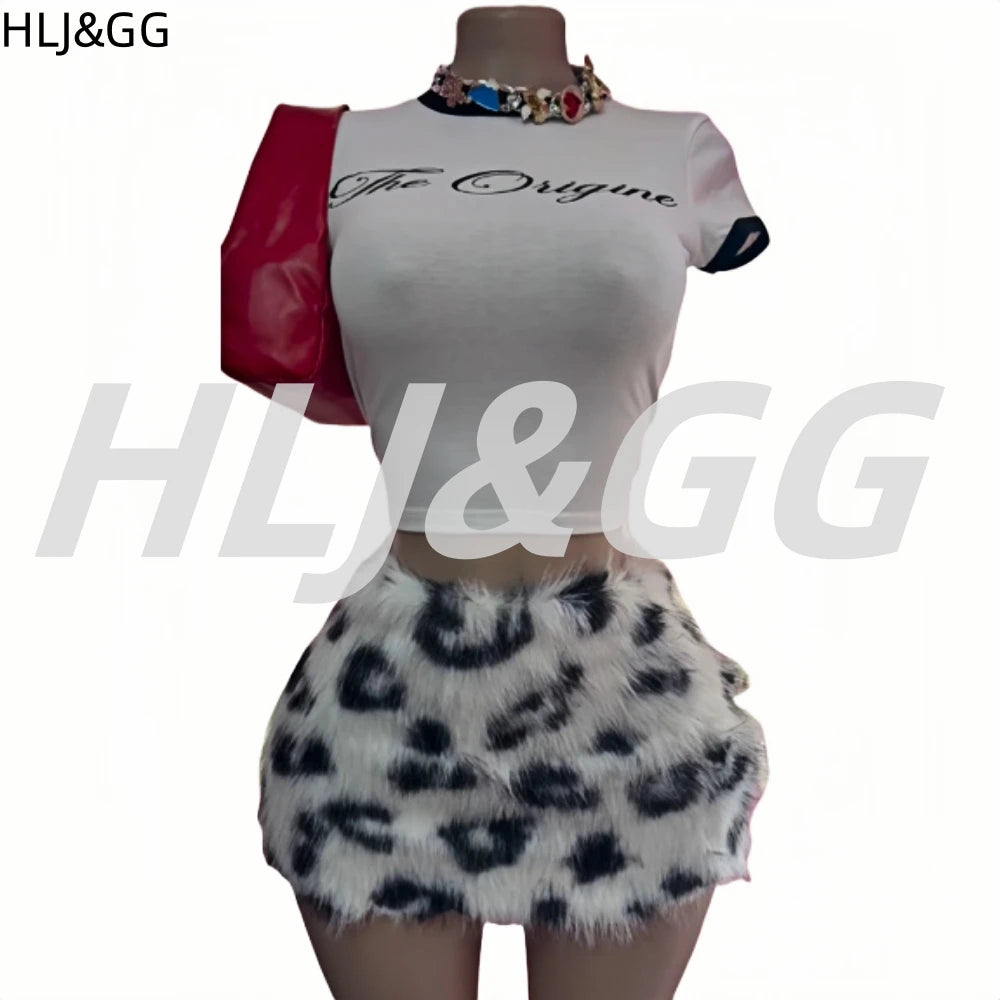 HLJ&GG Summer New Y2K Letter Print Two Piece Sets Women O Neck Short Sleeve Slim Crop Top And Fur Mini Skirts Outfits Streetwear