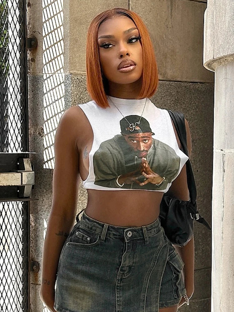Weird Puss Mannequin Print Women Crop Tank Tops Summer Hipster O-Neck Wild Basic Stretch Fashion Y2K Cool Street Sexy Mini Vest