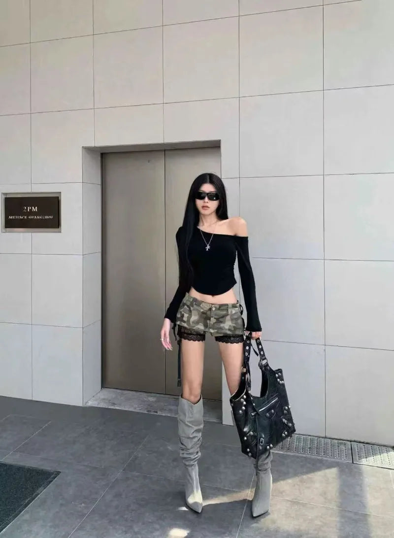 Summer Gothic Vintage Lace Up Slim Camouflage Lolita Shorts Skirts Women Kawaii Aesthetic Y2k A-line Package Hip Short Skirt