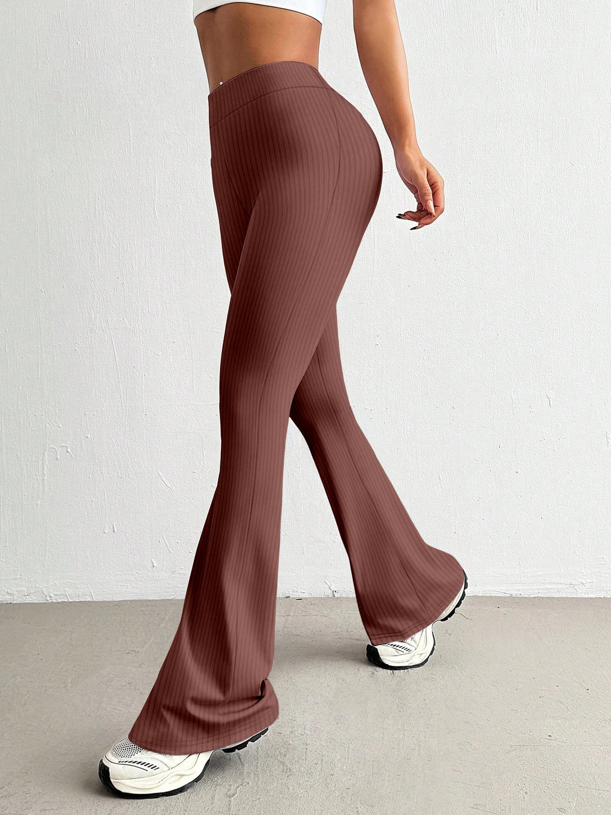 High-Waisted Ribbed Flared Pants Same Style as European and American Fashion Bloggers Elastic Slim-Fit Leg-Lengthening Casual