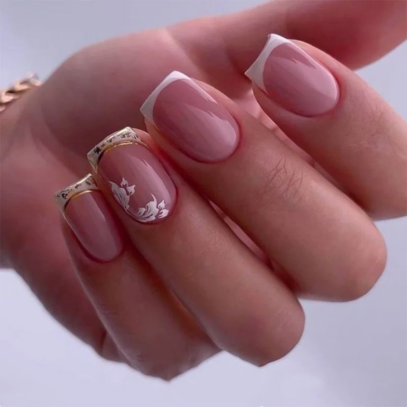 24pcs Short French Press on Nails White Flower Stripes Print Fake Nail Tips Full Cover Wearable Square Head False Nail Tips