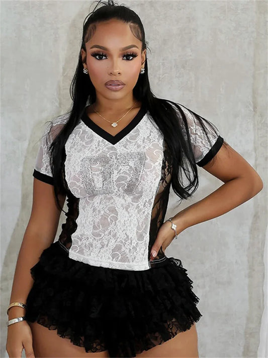 Weird Puss Mesh Patchwork 2 Piece Set Women Rhinestones V-Neck Short Sleeve Crop Tops+Tierred Shorts Skirts Trend Contrast Suit