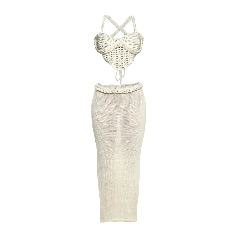 Weird Puss Crochet Shirring 2 Piece Set Women Cross Bandage Backless Irregular Tops+Solid Long Skirts Vacation Beach Style Suits