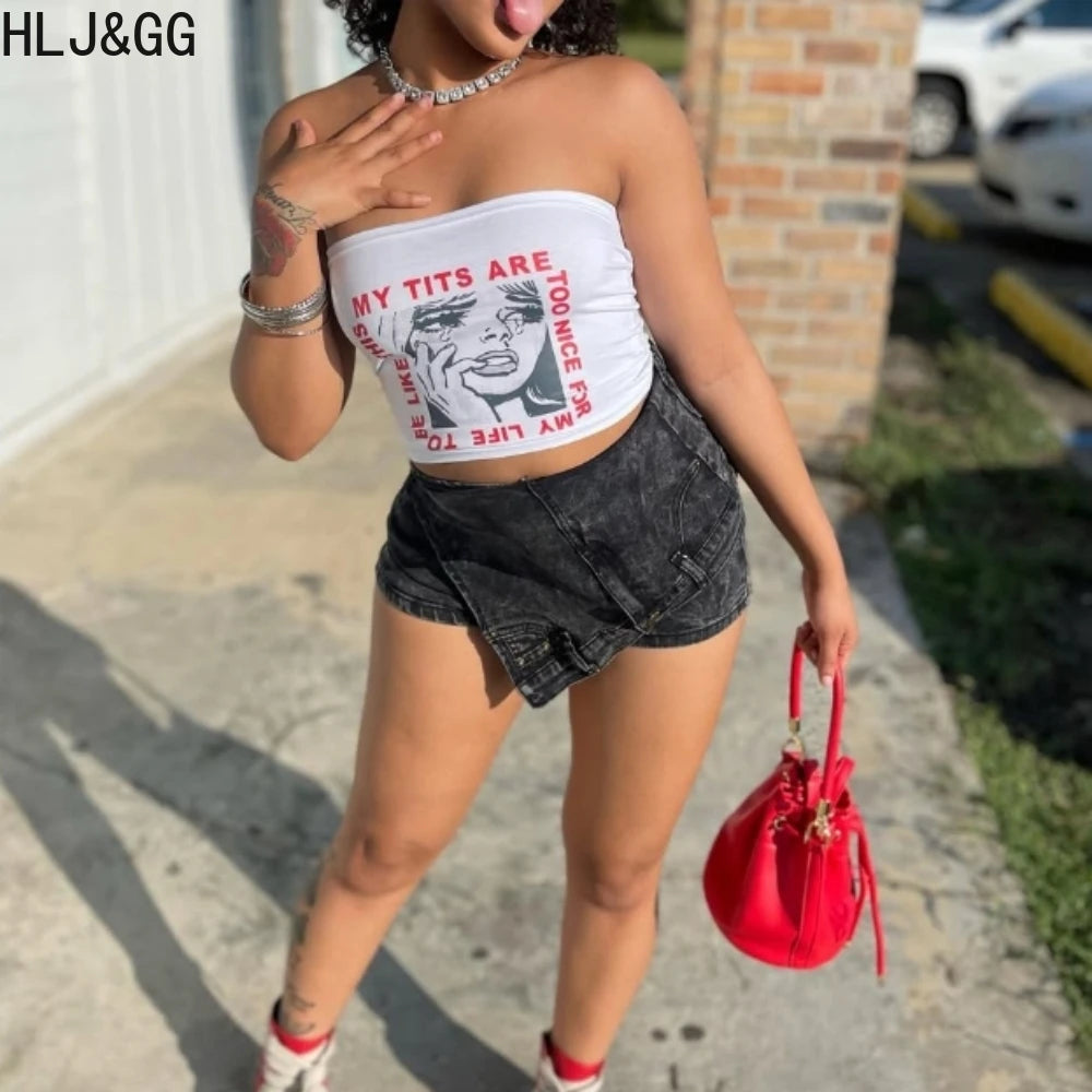 HLJ&GG Y2K Fashion Streetwear Sexy Hot Girl Printing Sleeveless Slim Vest And jeans Shorts Two Piece Sets Summer 2pcs Outfits