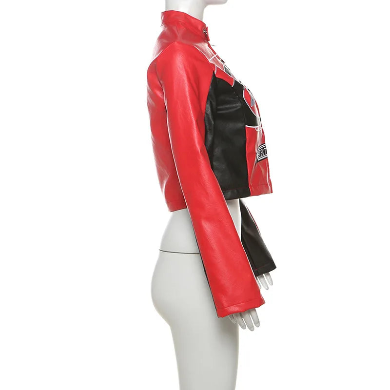 HLJ&GG Trendy Women's Outfits Women Leather Punk Letter Embroidery Crop Jacket And Button Shorts Two Piece Sets Y2K Streetwear