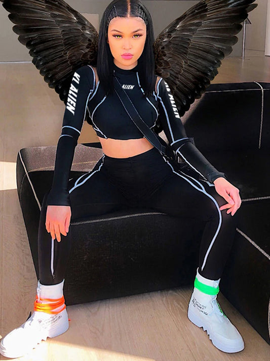 Weird Puss Women Tracksuit Letter Print 2Piece Set Fitness Full Sleeve Crop Top Elastic Leggings Activewear Casual Slim Outfits