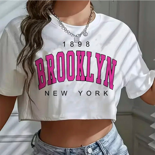 y2k T Shirt Los Angeles Number 91 Brooklyn Graphic Round Neck Sports Crop T-shirt Casual Crop Top Women Cropped