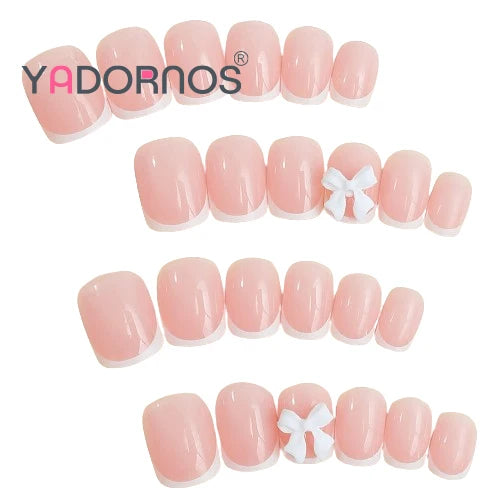 White French Press on Nails 3D Bowknot Fake Nails Tips Full Cover Wearable False Nails for Women and Girls DIY 24Pcs