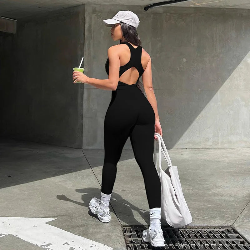 European American Sports Yoga Women's Solid Color Splicing Zipper Hollow Out Backless Tight Fitting Sleeveless Jumpsuit Pants