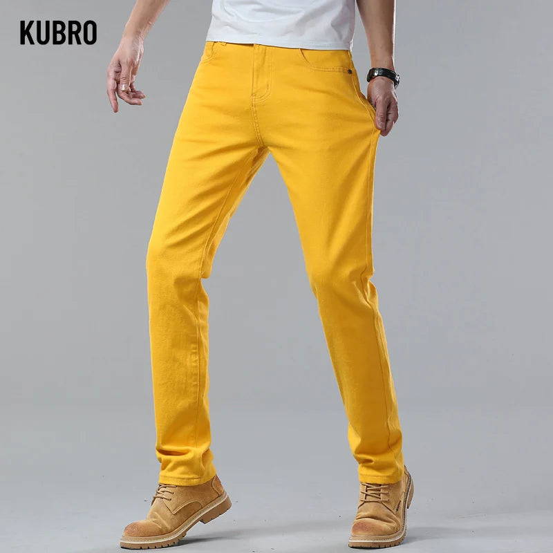 White Yellow Pink fashion 5 Color Men's Cotton Casual Pants Jeans Slim Straight Solid Color Business Trousers Four Seasons Brand