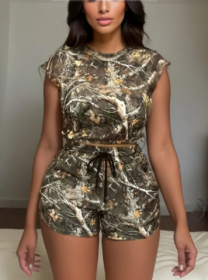 HLJ&GG Summer New Printing Drawstring Shorts Two Piece Sets Women Round Neck Short Sleeve Crop Top And Shorts Outfits Streetwear