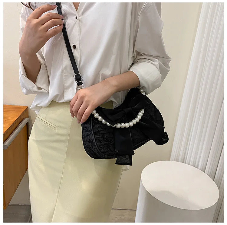 Pearl Female Bag Retro Luxury Designer Handbag Bow Crossbody Bags Fashion Canvas Women's 2023 Trend Shoulder bag Purses