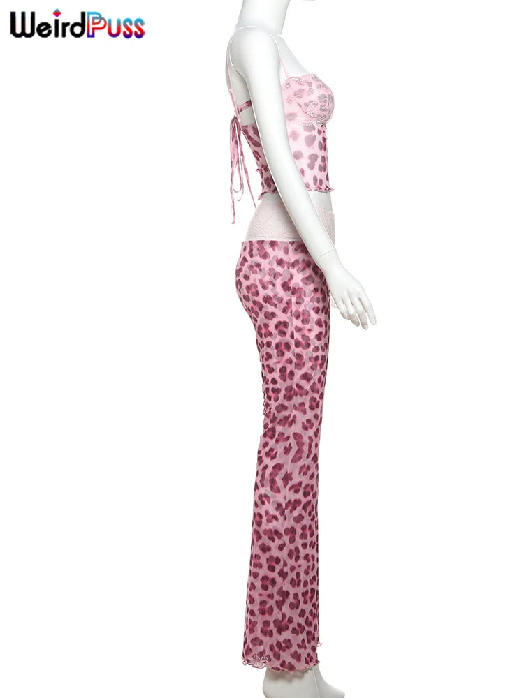 Weird Puss Mesh Patchwork 2 Piece Set Women Sexy Cleavage Sleeveless Crop Tops+Leopard Print Skinny Pants Street Wild Trend Suit