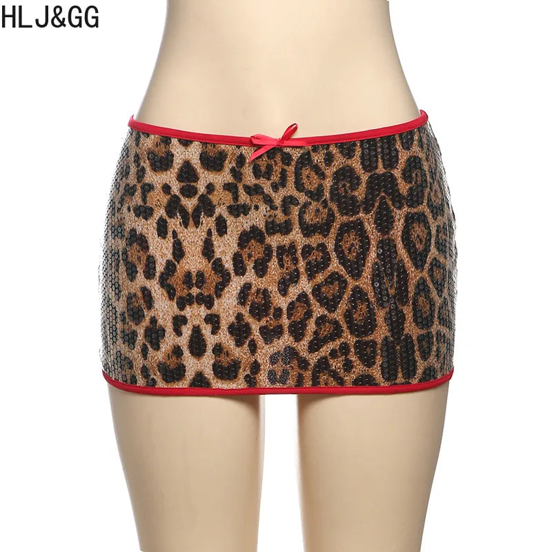 HLJ&GG Fashion Y2K Sequin Leopard Mini Skirts Two Piece Sets Women O Neck Short Sleeve Slim Croptop And Skirts Outfit Streetwear