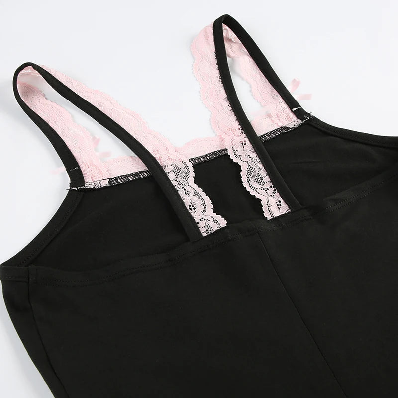 Contrast Lace Patchwork Square Collar Skinny Sexy Straps Rompers Playsuits Sweet Cute Y2K Clothing