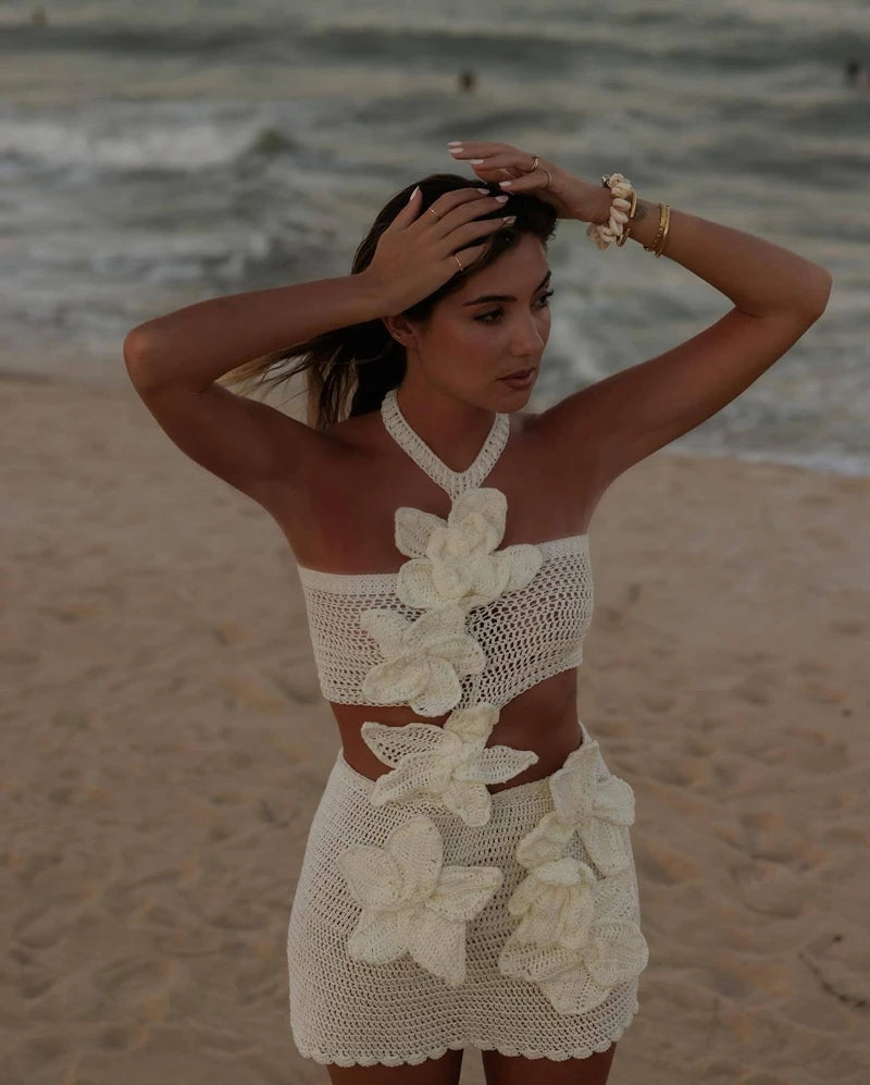 STYLISH LADY Floral Appliques Dress 2025 Summer Women Halter Hollow Out Sexy Club Beach Holiday Mini Lace Vestidos De Festa
