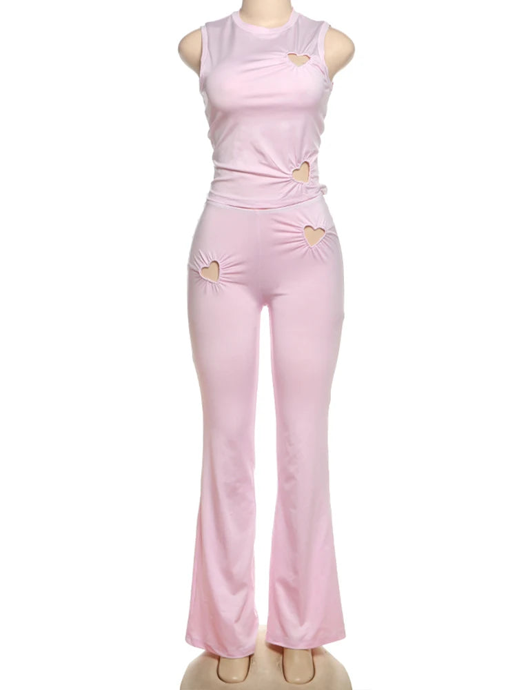 Weird Puss Heart Hollow 2 Piece Set Women o-Neck Sleeveless Tops+Skinny Stretch Pants Vacation Casual Simple Elegant Solid Suits