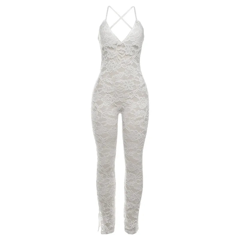 CM.YAYA Fashion Women Spaghetti Strap V-neck Backless Lace See Though Jumpsuits Sexy Club Party Outfits One Piece Suit Rompers