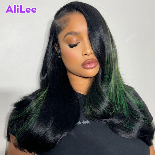 Highlight Green with Black Color Transparent Body Wave 13x6 13x4 Lace Frontal Human Wigs for Women Pre Plucked with Baby Hair