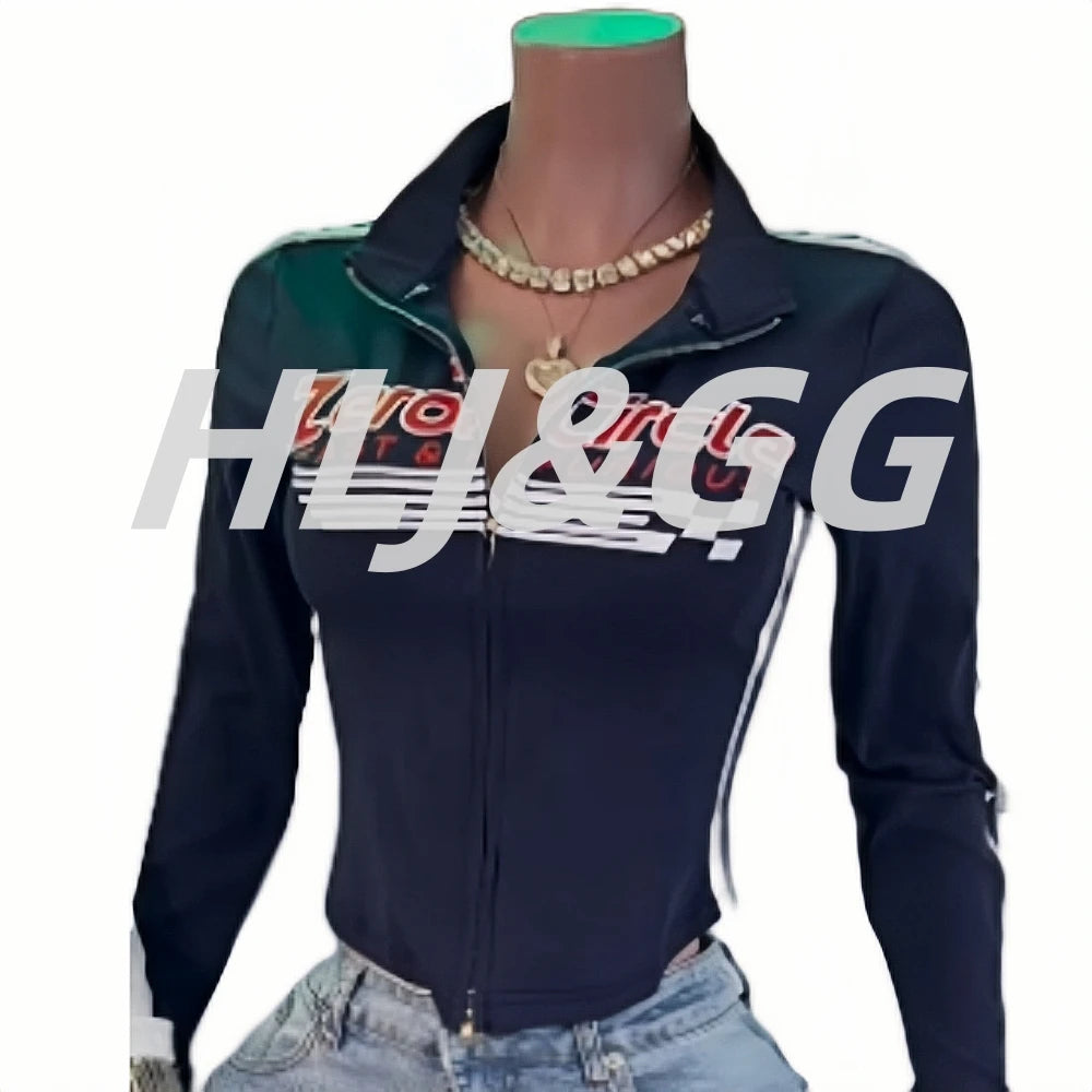 HLJ&GG American Vintage Letter Print Two Piece Sets Women Zip Long Sleeve Slim Top+Denim Pocket Pants Outfits Fashion Streetwear