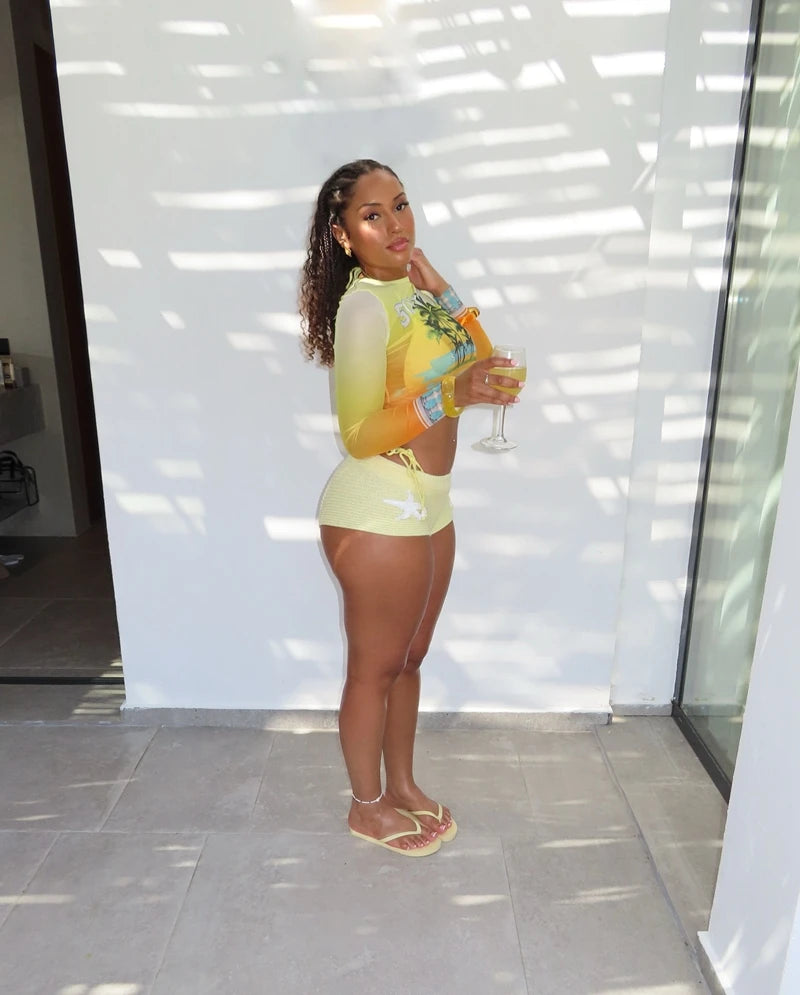 STYLISH LADY Palm Tree Printed Mesh Beach 2 Piece Set Women Short Sleeve Crop Top and Shorts Suits 2025 Summer Holiday Outfits