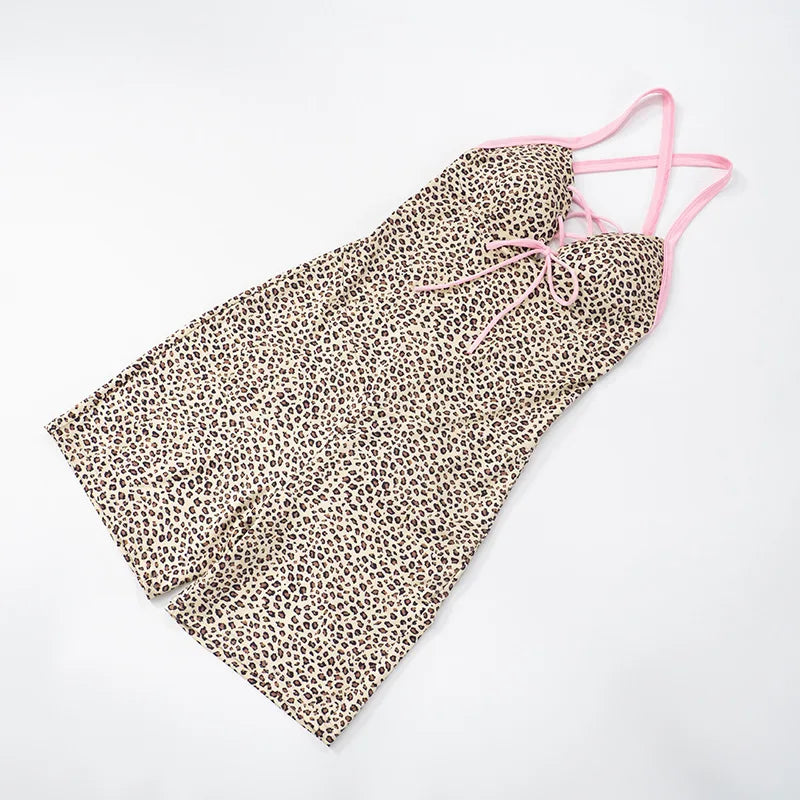 HLJ&GG Summer New Leopard Print Bow Bodycon One Piece Rompers Women Hollow Out Halter Backless Slim Jumpsuits Fashion Streetwear