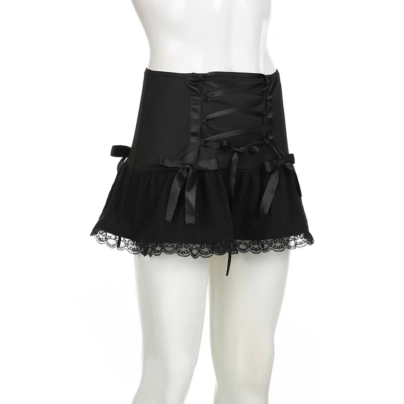 Darlingaga Gothic Y2K Lace Trim Mini Skirt Harajuku Vintage Tie Up Bow Dark Academia Sexy Women Skirts Hottie A-Line Grunge New