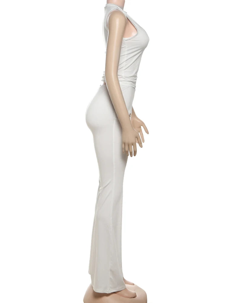 Weird Puss Heart Hollow 2 Piece Set Women o-Neck Sleeveless Tops+Skinny Stretch Pants Vacation Casual Simple Elegant Solid Suits