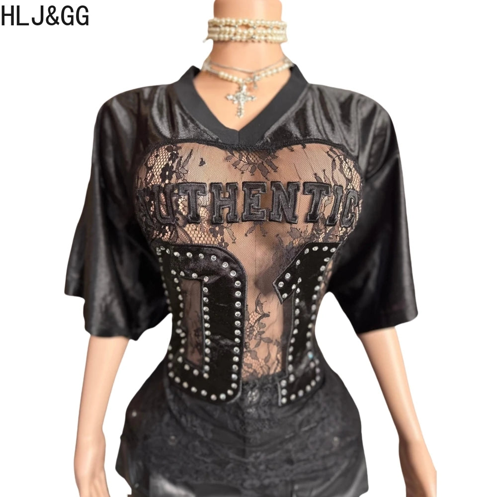 HLJ&GG Sexy Lace Splicing Letter Print Loose Tshirts Women V Neck Short Sleeve Straight Tops Fashion See Though Club Streetwear