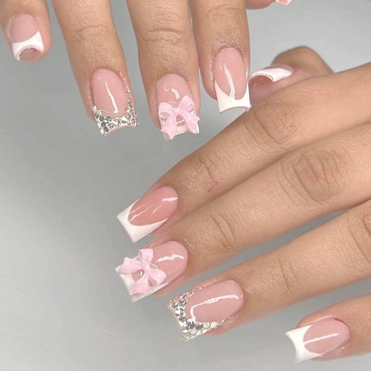 White French Press on Nails 3D Bowknot Fake Nails Tips Full Cover Wearable False Nails for Women and Girls DIY 24Pcs