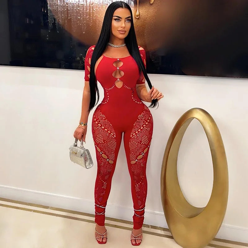 Weird Puss Rhinestone Embellished Women Jumpsuit Backless Halter Hollow Sheer Sexy Slim One Pieces Bodycon Hottie Party Clubwear