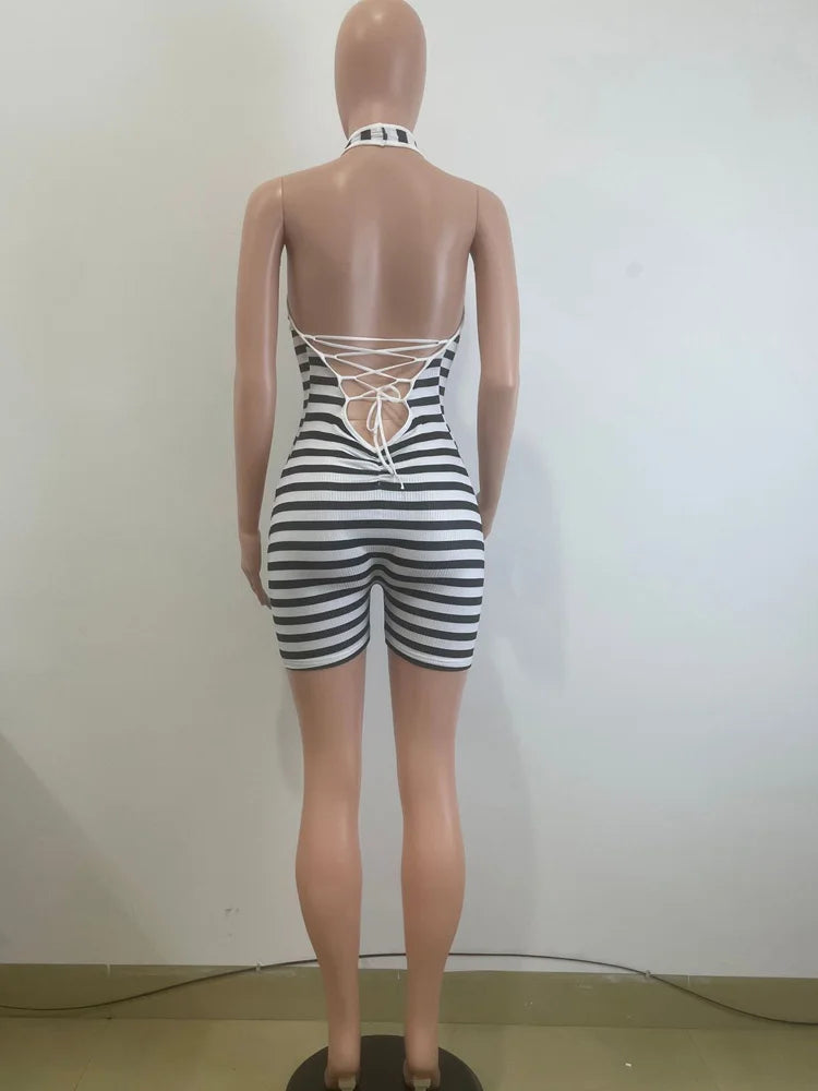 Kricesseen Women's Halter V Neck Backless Striped Playsuits Rompers Sexy Tie-Back Bandage Rompers Night Club Overalls Clubwear