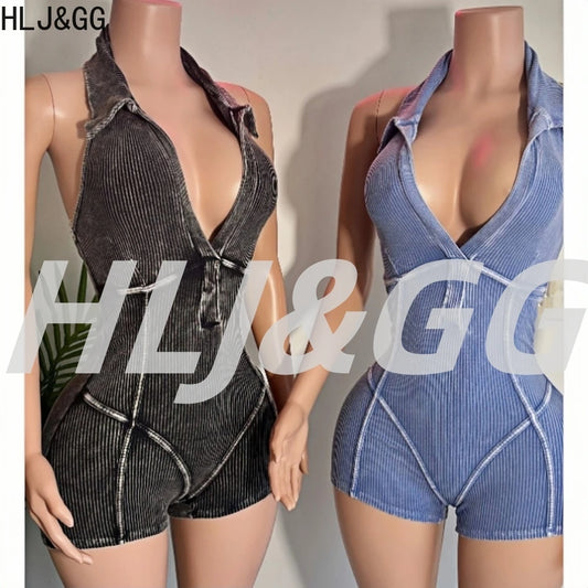 HLJ&GG Sexy Ribber Deep V Bodycon One Piece Rompers Women Sleeveless Backless Slim Jumpsuits Fashion Solid Color Overalls 2025
