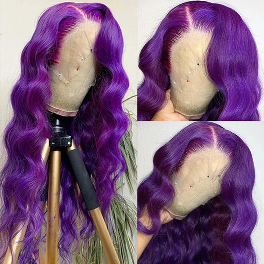180% Purple Colored Lace Front Wig Transparent 13x4 Lace Front Human Hair Wigs Pre Plucked Body Wave Lace Frontal Wig For Woman