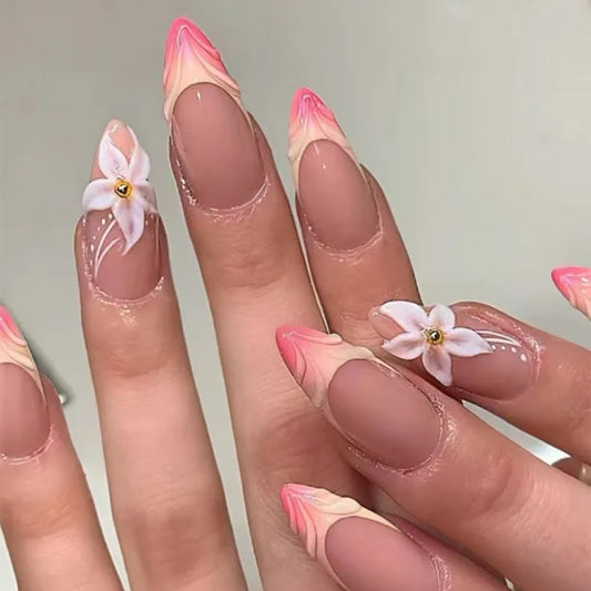 24pcs 3D Pink Flower Design Fake Nails Ins Gradient Pink Sweet False Nail Detachable French Almond Press on Nails for Women Girl