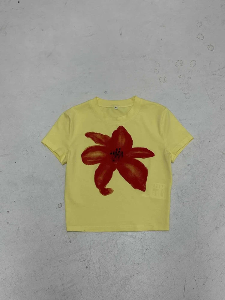 STYLISH LADY Contrast Color Floral Printed Crop Tops 2025 Summer Women Short Sleeve O Neck Casual Holiday Street T Shirts Tees