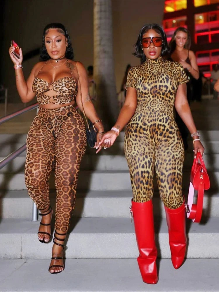 Weird Puss Peach Buttocks Jumpsuit Women Backless Leopard Print Shorts Sleeve Fitness Summer Trend Streetwear Workout Overalls