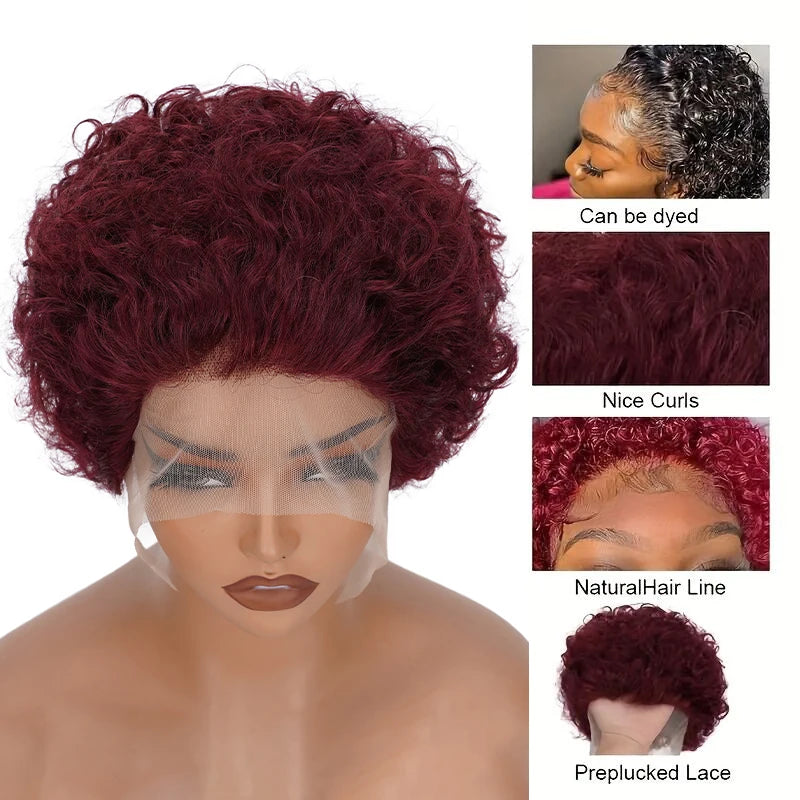 99j Red Short Curly Wigs Pixie Cut Lace Front Wigs 6 inch Human Hair 13X1 Pixie Burgundy Human Hair Wigs For Women Pixie Wig