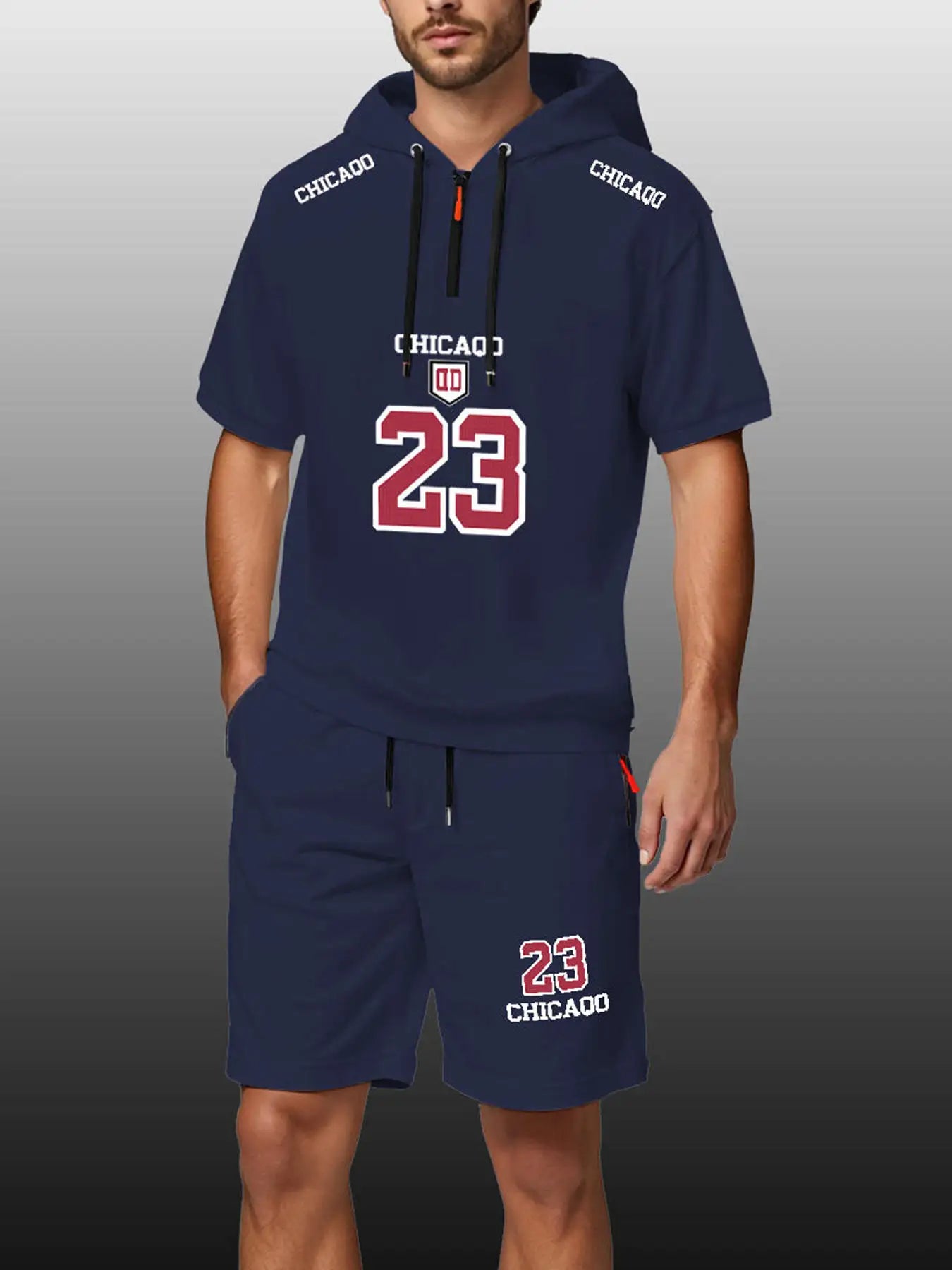 Summer Sets Men Jersey T-Shirts and Shorts Outfit Two-Piece Hooded T-Shirt Zipper Pocket Shorts Fashion Loose Oversize Clothing