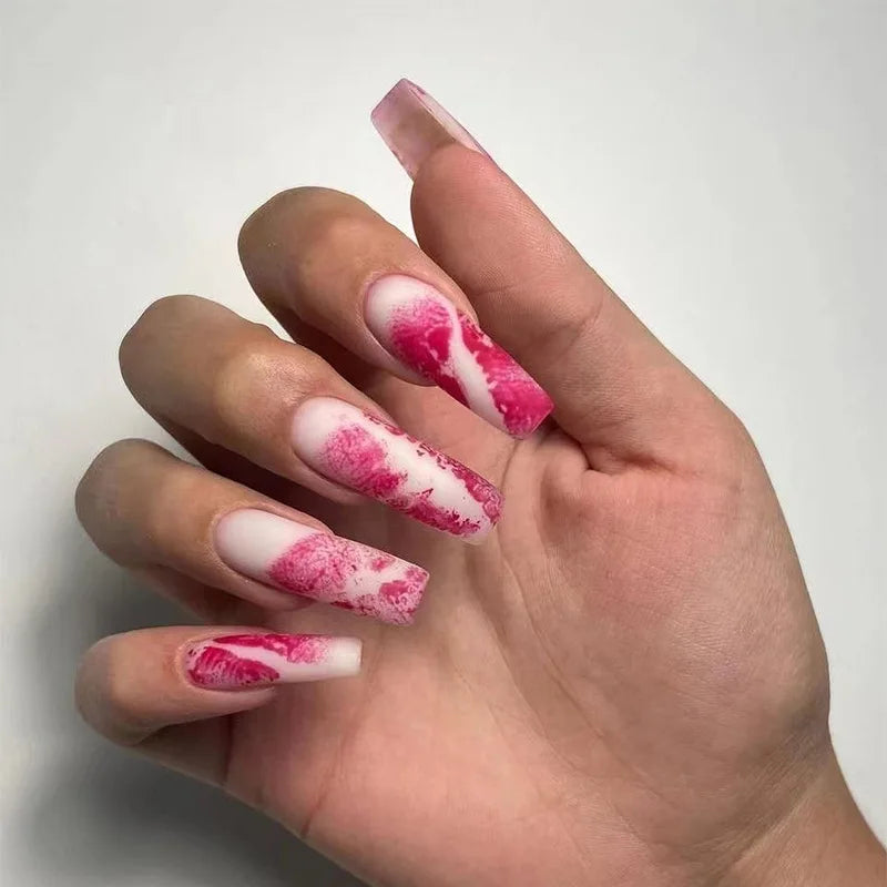 24pcs Long Batte False Nail Pink Lips Love Design Women Fake Nails Sweet Style Press on Nail Tips Valentine's Day Nail Supplies