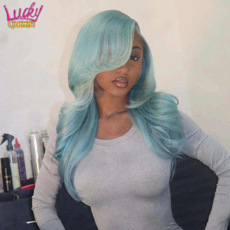 613 Colorful Wigs Light Haze Blue 180Density Pre Plucked Human Hair Transparent 13X4 Lace Front Frontal For Women 13X6 Body Wave