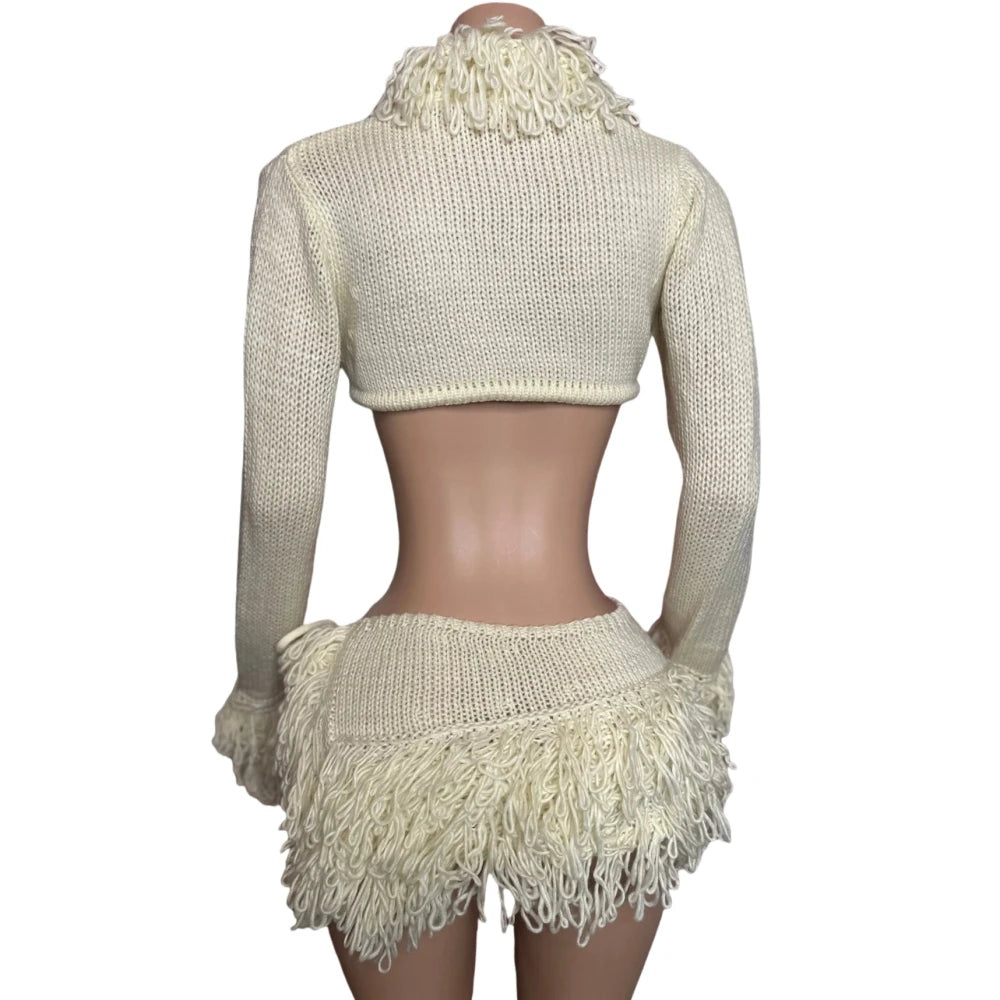 HLJ&GG Apricot Sexy Knitting Tassels Bandage Two Piece Sets Women Long Sleeve Hollow Crop Top And Side Slit Mini Skirts Outfits