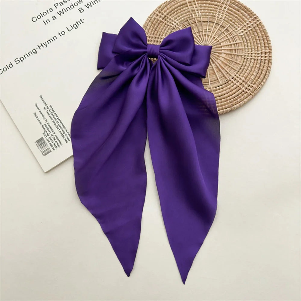 Ladies Satin Large White pink Red Blue Black Ribbon bow Oversized bow Long tail hair clip spring clip ponytail Hair accessorie