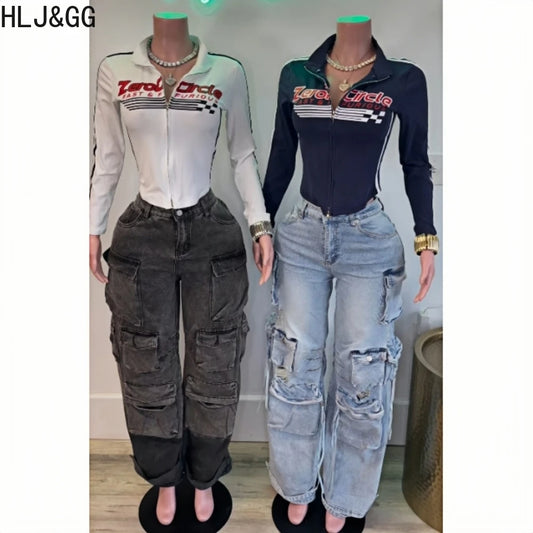 HLJ&GG American Vintage Letter Print Two Piece Sets Women Zip Long Sleeve Slim Top+jeans Pocket Pants Outfits Fashion Streetwear