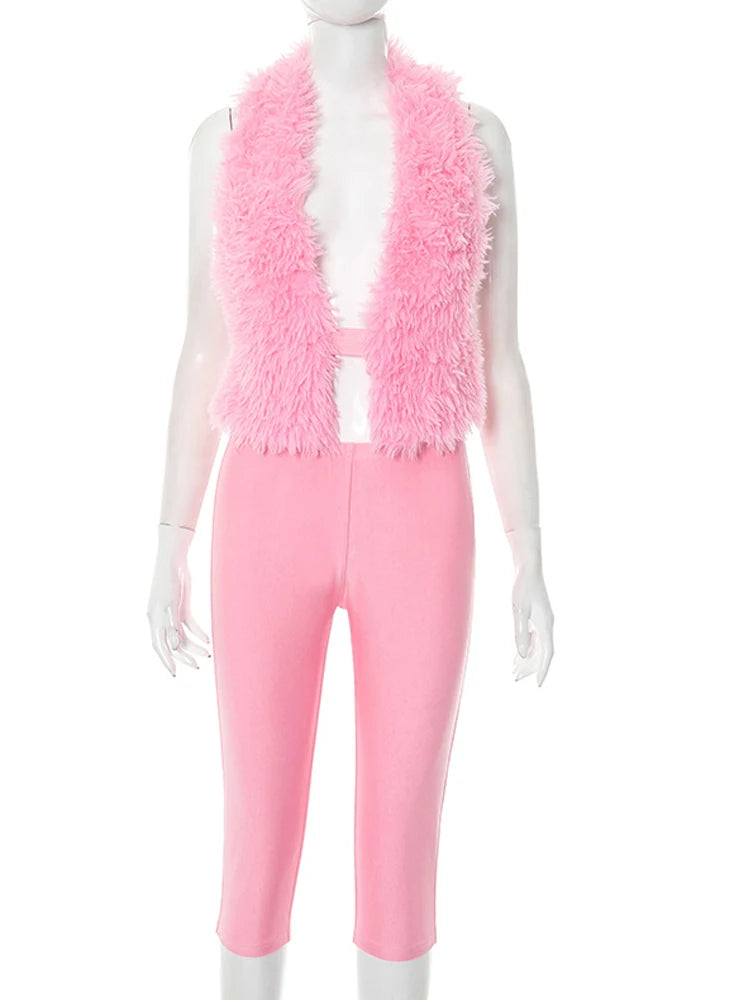 Kricesseen Cute Girls Furry Crop Top And Legging Suits Set Pink Outfits, Tie-Back Biker Shorts Set Night Clubwear Overalls