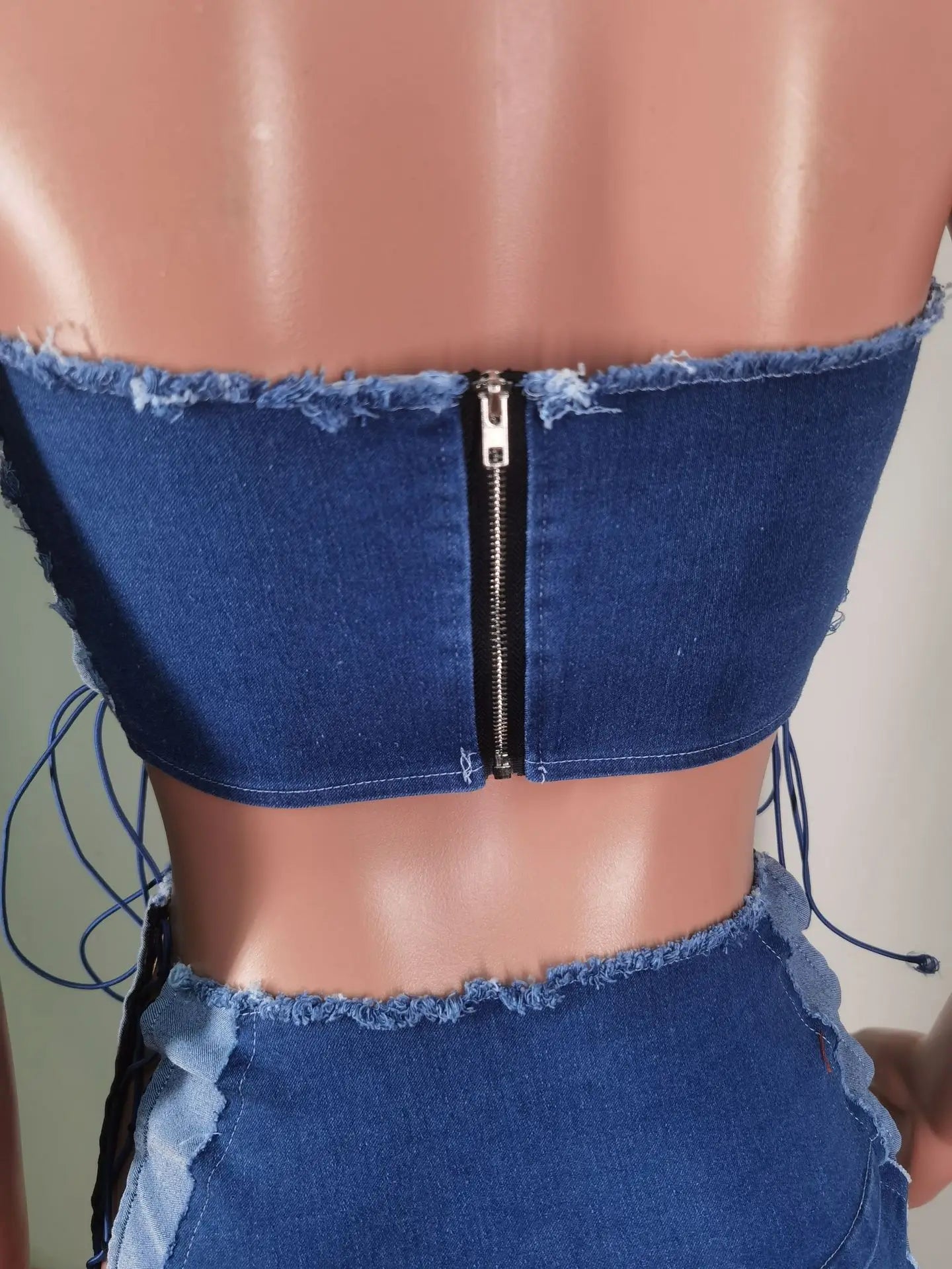 Weird Puss Hollow Bandage jeans 2 Piece Set Women Irregular Halter Zipper Sleeveless Crop Tops+Distressed Patchwork Skirts Suit