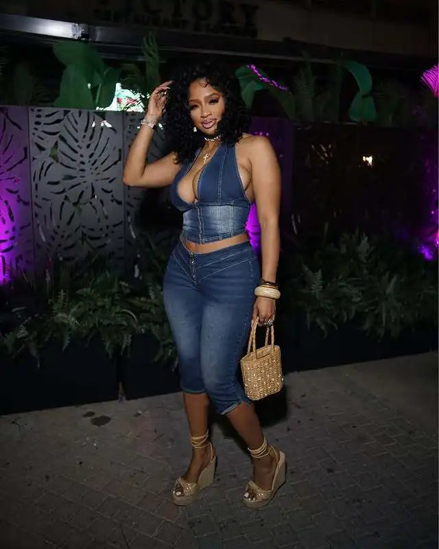HLJ&GG Blue Fashion jeans Halter Two Piece Sets Women Sleeveless Backless Slim Crop Top And Skinny Jean Pants Outfits Streetwear