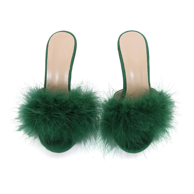 10CM Thin High Heel Designer Plus Size Summer Slippers For Ladies 2025 New Furry Slip-on Women's Shoes Pink Fur Slides Sandals