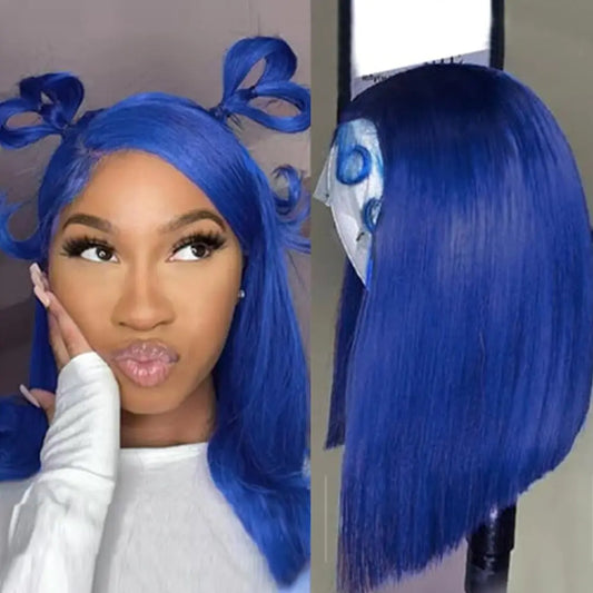 200Density Blue Straight Lace Front Wigs Human Hair Short Bob Wigs 13x4 Transparent Lace Bob Wig Human Hair 100% For Women