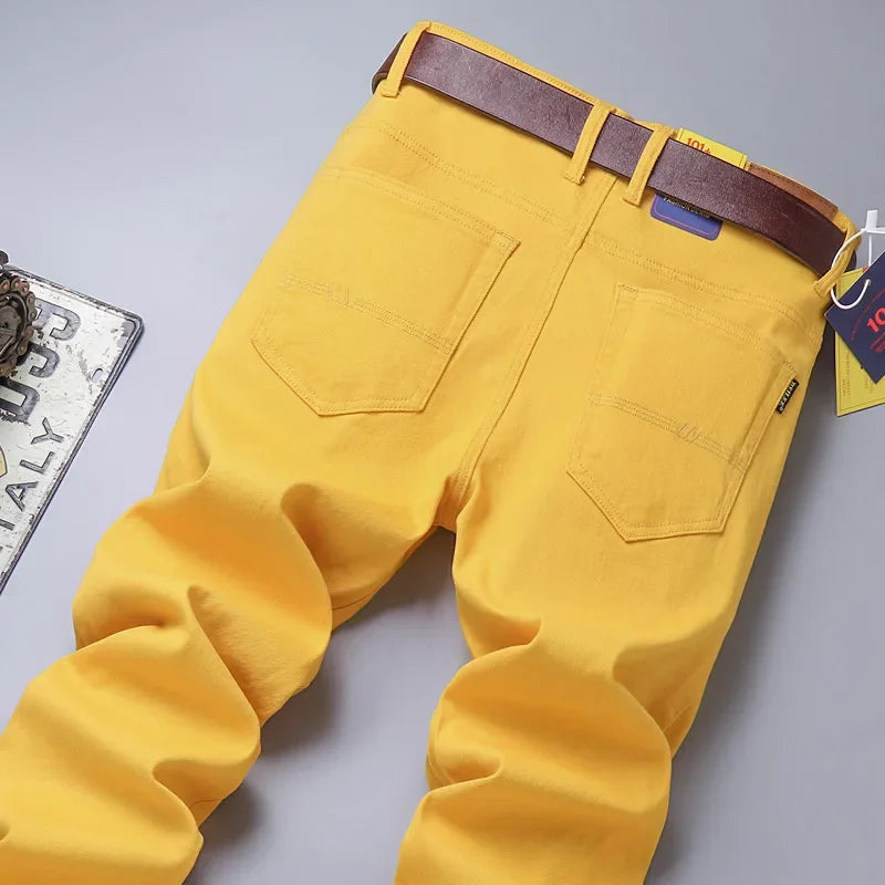 White Yellow Pink fashion 5 Color Men's Cotton Casual Pants Jeans Slim Straight Solid Color Business Trousers Four Seasons Brand